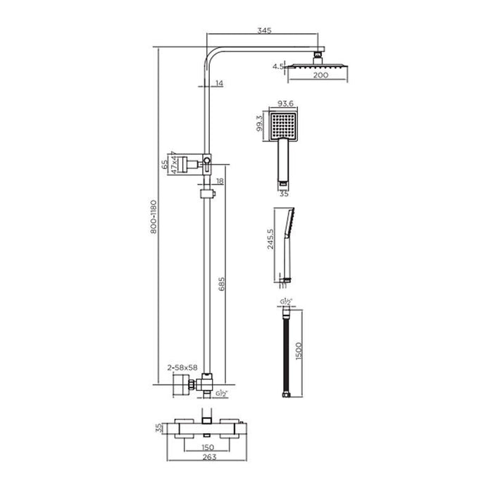 Square Exposed Thermostatic Shower Set - Brushed Brass